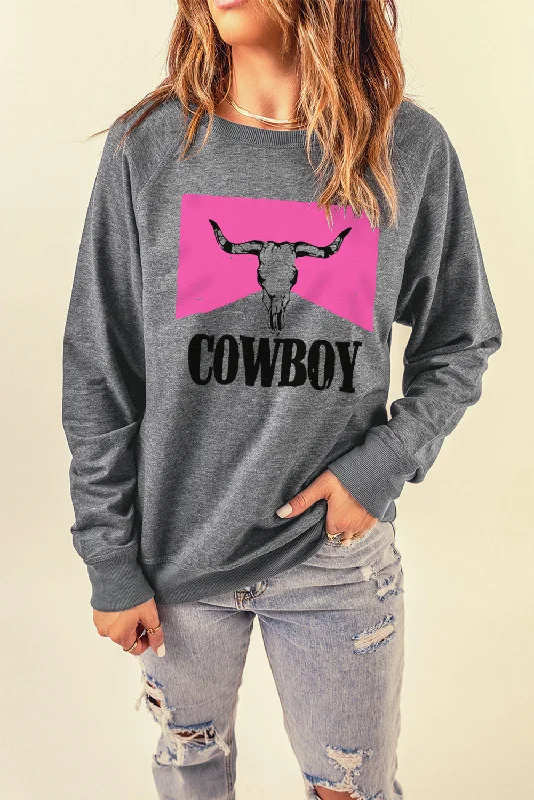 COWBOY Bull Graphic Sweatshirt Hoodie with Ribbed Hem Stretchable Secure