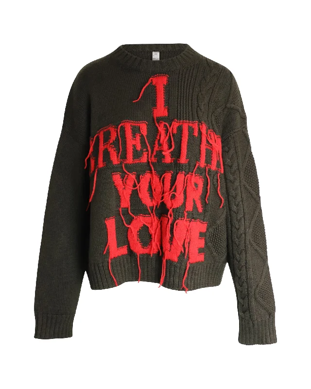 Valentino I Breathe Your Love Jumper In Green Virgin Wool Real Fur Shearling Chenille