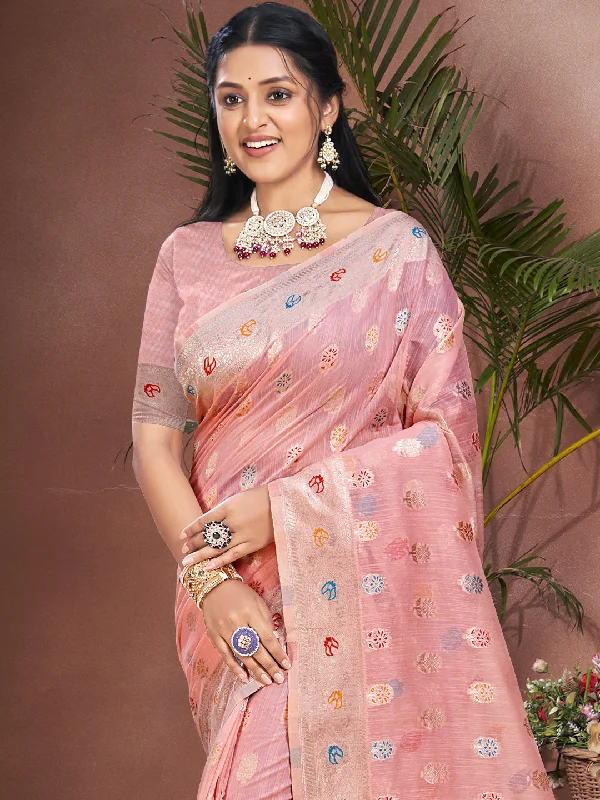 Women Light Pink Cotton Saree With Un Stitched Blouse Embellished Collar Blouse