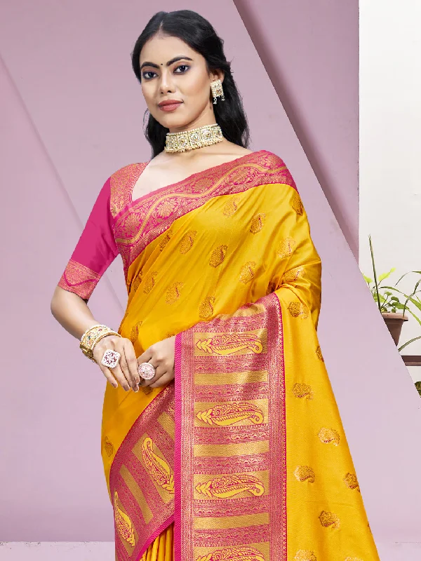 Women Yellow Silk Saree With Un Stitched Blouse Feminine Puff Blouse