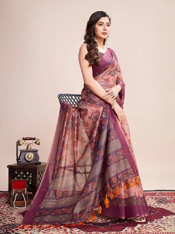 Women Party Wear Flower Printed Semi Linen Saree with Un Stitched Blouse Sheer Sleeve Blouse Women Party Wear Flower Printed Semi Linen Saree with Un Stitched Blouse Sheer Sleeve Blouse