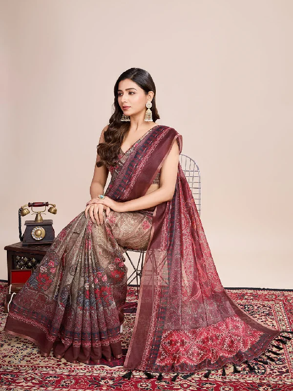 Women Party Wear Flower Printed Semi Linen Saree with Un Stitched Blouse Ruched Sleeve Blouse Women Party Wear Flower Printed Semi Linen Saree with Un Stitched Blouse Ruched Sleeve Blouse