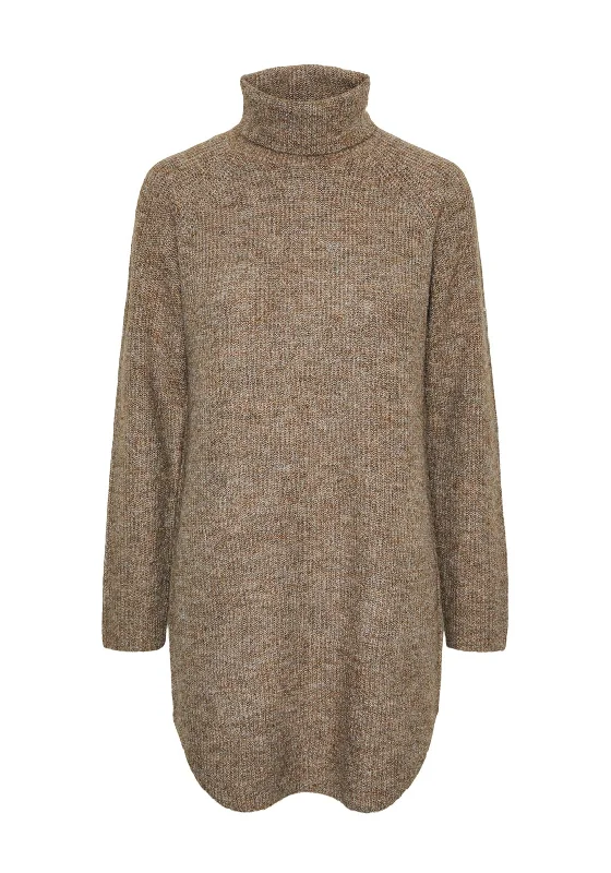 Pieces Ellen Long Knit Jumper, Fossil Nylon Fabric Polyester Fabric Spandex Fabric