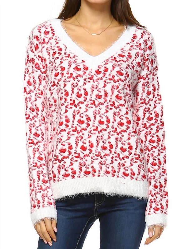 Women's Leopard Sweater In Red Solid Color Striped Floral Print
