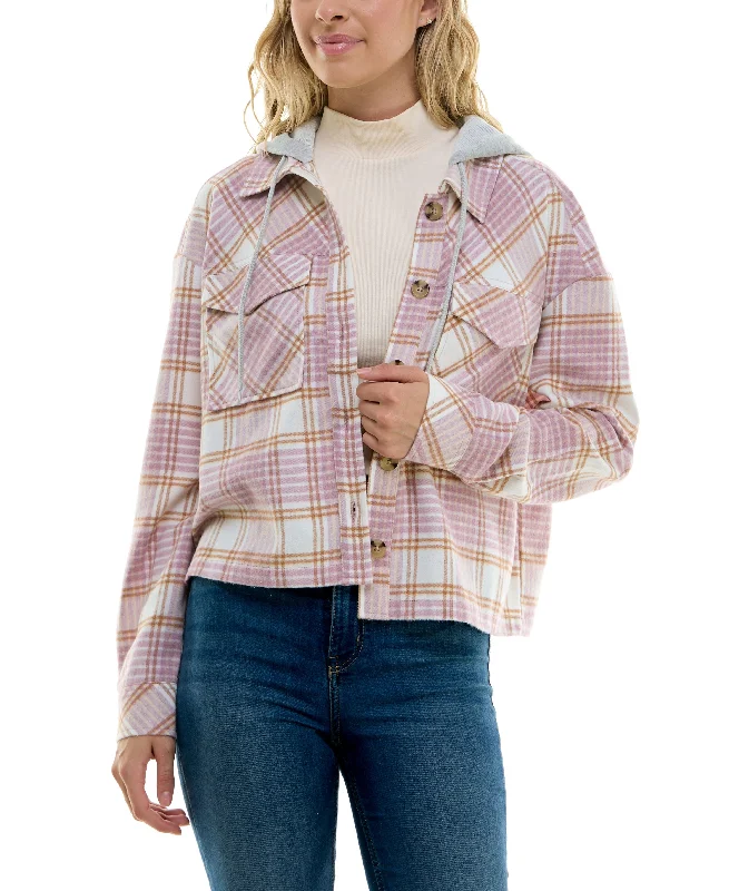 Juniors' Plaid Hoodie Shacket Hoodie with Zipper Versatile Modern