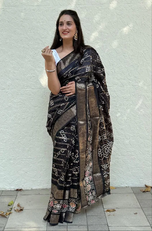 Women Party Wear Bandhej Pura Candy Cotton Silk Saree with Un Stitched Blouse Gathered Detail Blouse Women Party Wear Bandhej Pura Candy Cotton Silk Saree with Un Stitched Blouse Gathered Detail Blouse