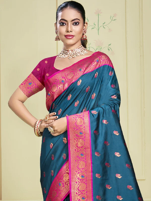 Women Blue Silk Saree With Un Stitched Blouse Embroidered Floral Blouse