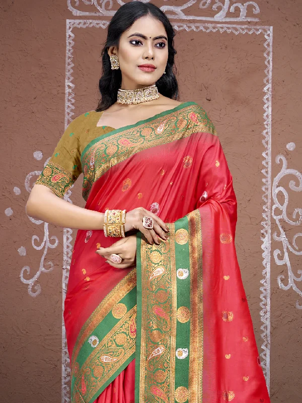 Women Dark Pink Silk Saree With Un Stitched Blouse Wrap Front Blouse