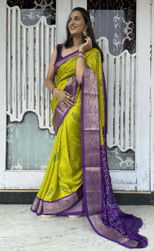 Women Party Wear Bandhani Foil Printed Marsh Mellow Silk Saree with Un Stitched Blouse Gathered Detail Blouse Women Party Wear Bandhani Foil Printed Marsh Mellow Silk Saree with Un Stitched Blouse Gathered Detail Blouse
