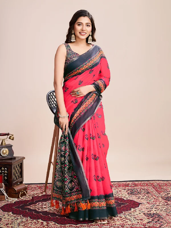 Women Party Wear Flower Printed Semi Linen Saree with Un Stitched Blouse Short Sleeve Blouse Women Party Wear Flower Printed Semi Linen Saree with Un Stitched Blouse Short Sleeve Blouse