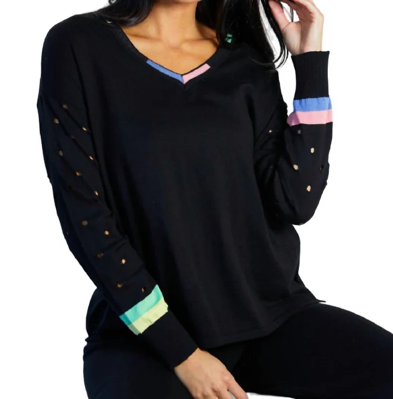 V-Neck Sweater In Black/multi Mesh Sweater Canvas Denim