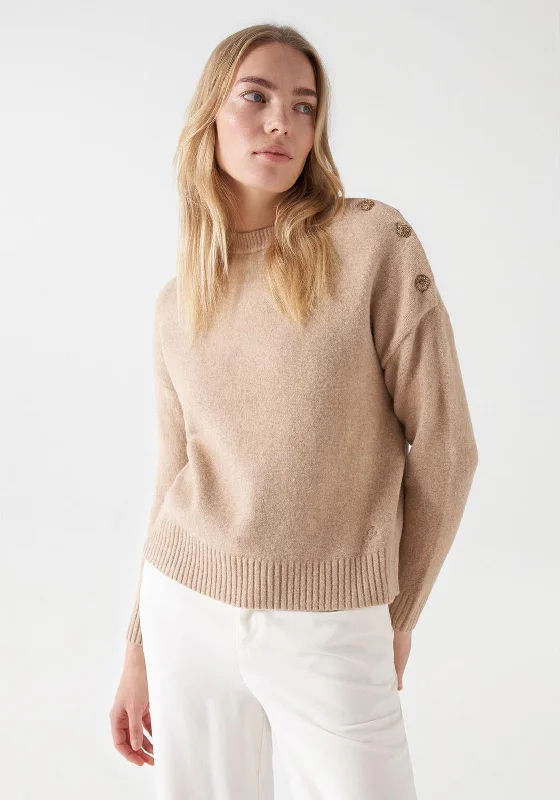 Salsa Rhinestone Button Detailed Knitted Jumper, Pearl Soft Cozy Warm