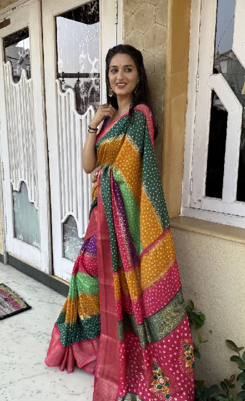 Women Party Wear Bandhej Leheriya Print Dhola Silk Saree with Un Stitched Blouse Stylish Wrap Blouse Women Party Wear Bandhej Leheriya Print Dhola Silk Saree with Un Stitched Blouse Stylish Wrap Blouse