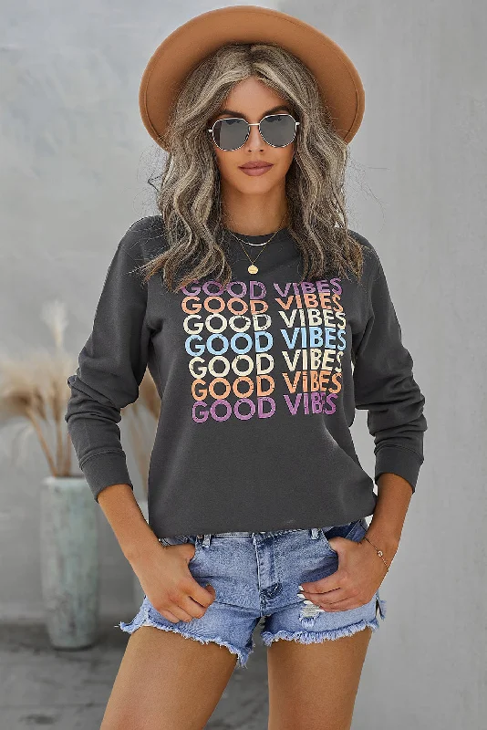 GOOD VIBES Graphic Sweatshirt Hooded Sweatshirt Casual Wear Street Style