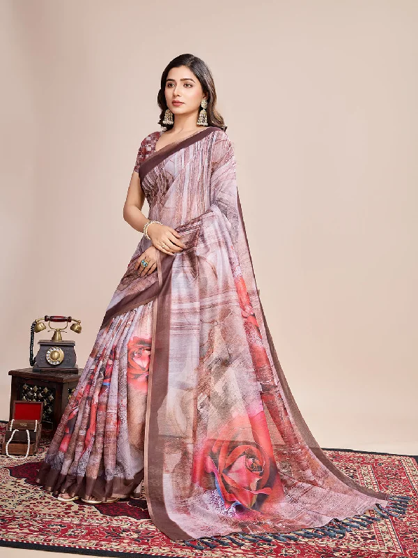 Women Party Wear Flower Printed Semi Linen Saree with Un Stitched Blouse Sweetheart Neck Blouse Women Party Wear Flower Printed Semi Linen Saree with Un Stitched Blouse Sweetheart Neck Blouse