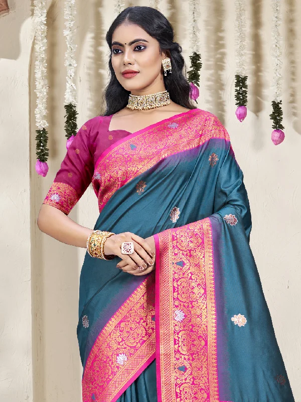Women Rama Silk Saree With Un Stitched Blouse Sheer Mesh Blouse