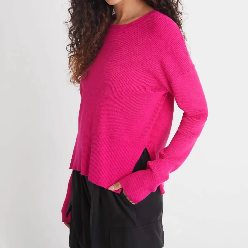 Nola Rib Crewneck Sweater In Fuchsia Neon Metallic Matte