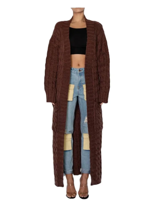 Long Cable Knit Cardigan Sweater In Brown Silk Blend Satin Velvet