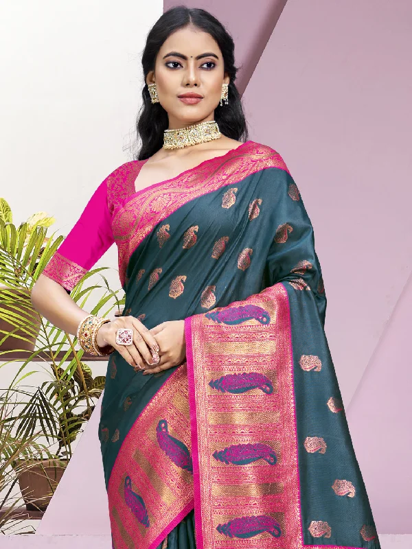 Women Rama Silk Saree With Un Stitched Blouse Delicate Bow Blouse