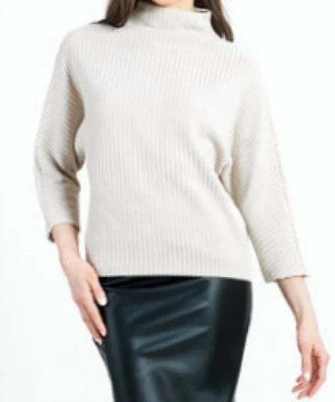 Ribbed Funnel Neck Sweater In White Chenille Fabric Brocade Fabric Lace Fabric