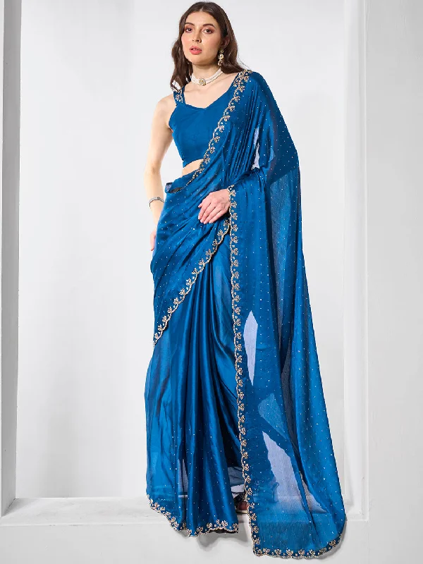 Women Party Wear Diamond Worked Satin Chiffon Saree with Un Stitched Blouse Off-Shoulder Wrap Blouse Women Party Wear Diamond Worked Satin Chiffon Saree with Un Stitched Blouse Off-Shoulder Wrap Blouse