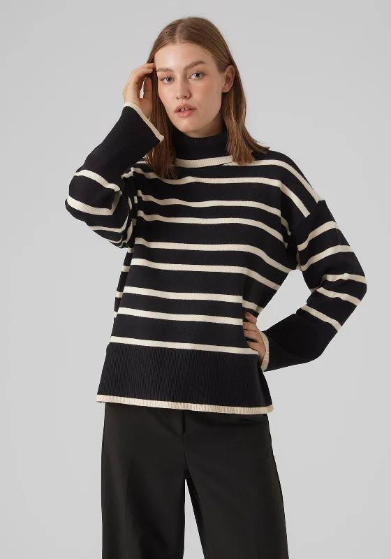 Vero Moda Saba Striped Rollneck Sweater, Black Knit Fabric Woven Fabric Fleece Fabric