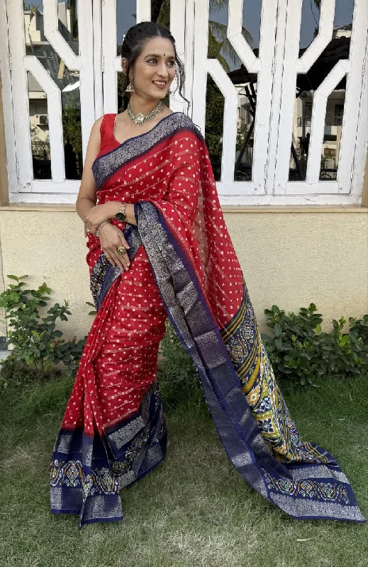 Women Party Wear Bandhej Print Pure Candy Cotton Silk Saree with Un Stitched Blouse Balloon Sleeve Blouse Women Party Wear Bandhej Print Pure Candy Cotton Silk Saree with Un Stitched Blouse Balloon Sleeve Blouse