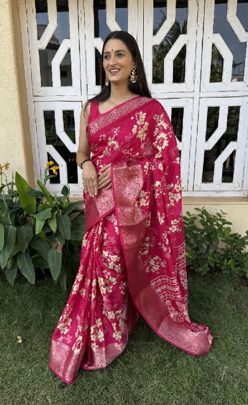 Women Party Wear Flower Printed Dhola Silk Saree with Un Stitched Blouse Sleeveless Chiffon Blouse Women Party Wear Flower Printed Dhola Silk Saree with Un Stitched Blouse Sleeveless Chiffon Blouse