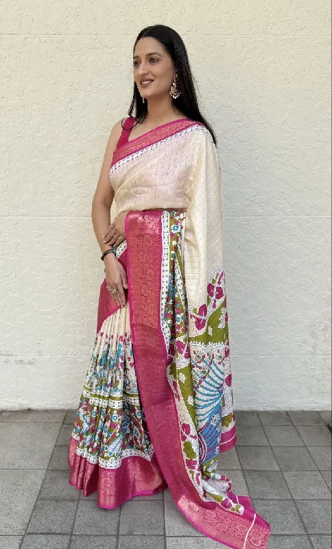 Women Party Wear Kalamkari Printed Dhola Chex Saree with Un Stitched Blouse Lightweight Linen Blouse Women Party Wear Kalamkari Printed Dhola Chex Saree with Un Stitched Blouse Lightweight Linen Blouse