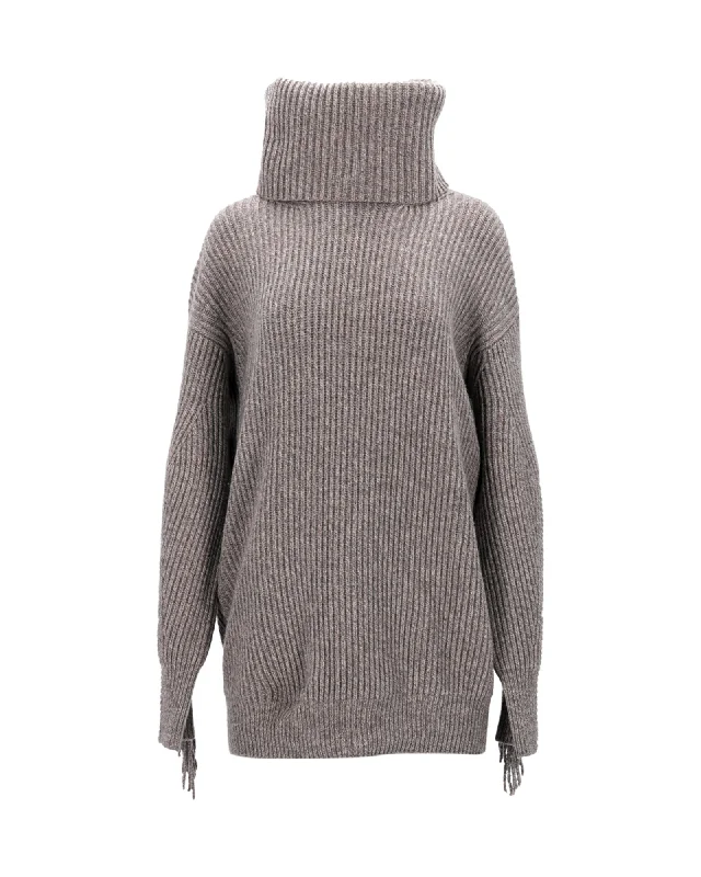 Stella McCartney Turtleneck Fringed Sweater in Grey Cashmere Long Sweater Short Sweater Cropped Sweater