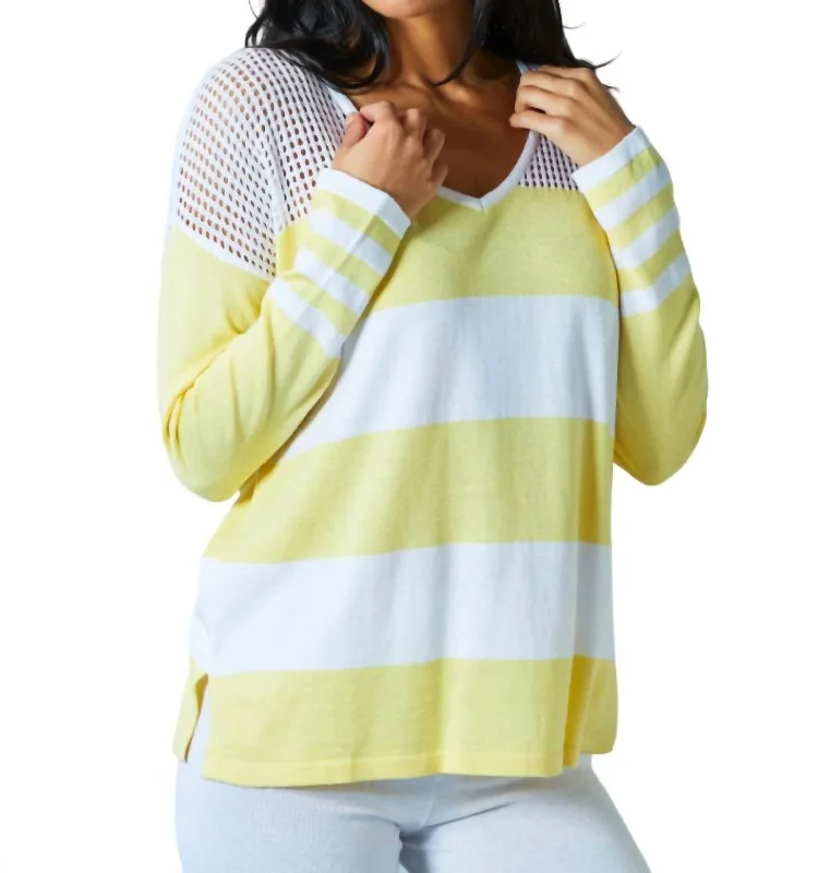 Crochet V-Neck Sweater In White/lemon Thin Thick Dense