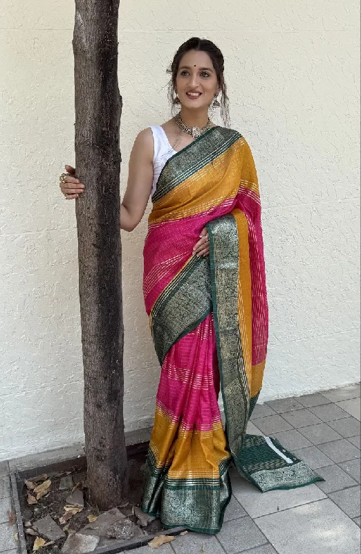 Women Party Wear Foil Chex Printed Dhola Silk Saree with Un Stitched Blouse Ruffled Neck Blouse Women Party Wear Foil Chex Printed Dhola Silk Saree with Un Stitched Blouse Ruffled Neck Blouse