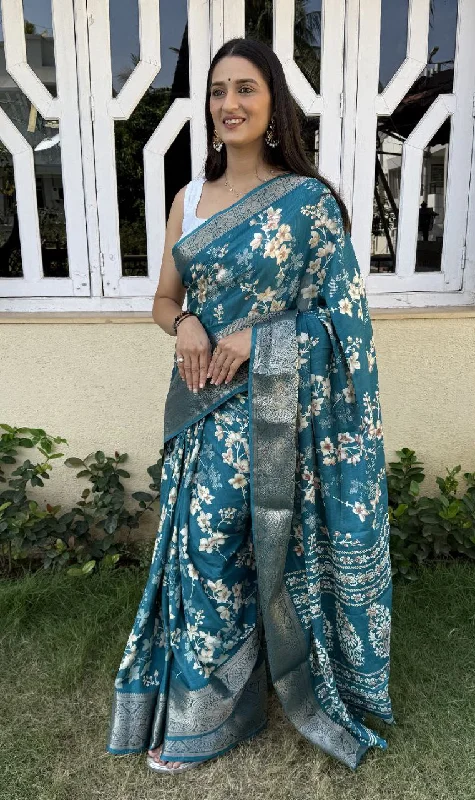 Women Party Wear Flower Printed Dhola Silk Saree with Un Stitched Blouse Subtle Shimmer Blouse Women Party Wear Flower Printed Dhola Silk Saree with Un Stitched Blouse Subtle Shimmer Blouse