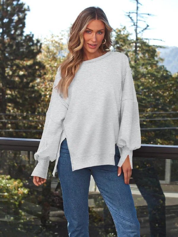 Slit Round Neck Long Sleeve Sweatshirt Hoodie with Hem Elastic Stretchable Comfortable Slit Round Neck Long Sleeve Sweatshirt Hoodie with Hem Elastic Stretchable Comfortable
