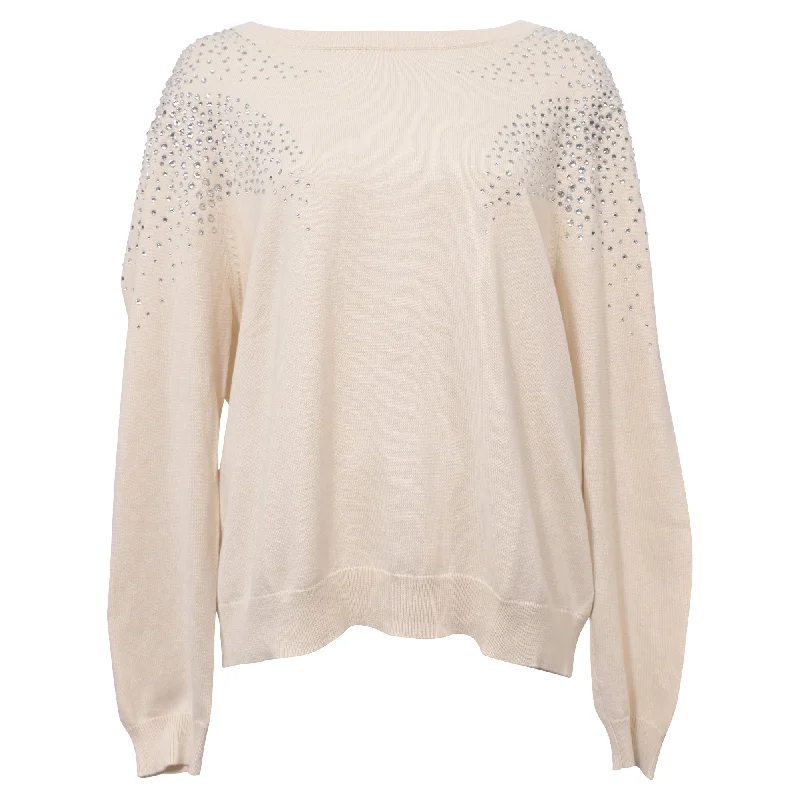 Ba&sh Embellished Crewneck Sweater in White Cotton Mesh Fabric Canvas Fabric Denim Fabric