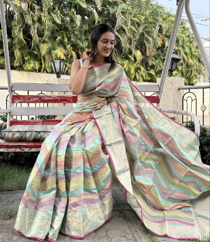 Women Party Wear Jari Weaving Leheriya Pattern Fancy Silk Saree with Un Stitched Blouse Side Tie Blouse Women Party Wear Jari Weaving Leheriya Pattern Fancy Silk Saree with Un Stitched Blouse Side Tie Blouse