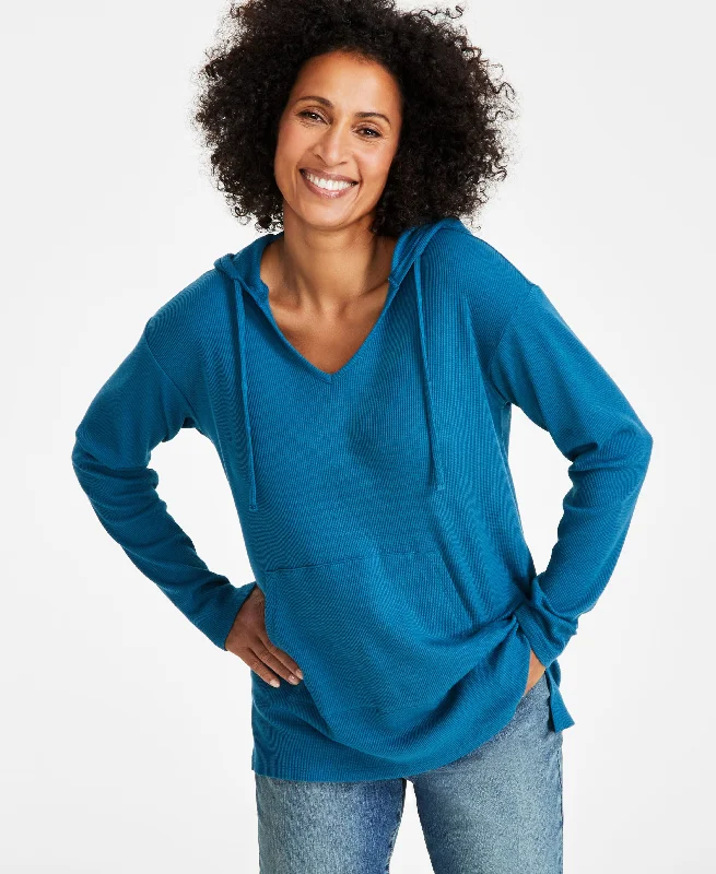Women's Waffle-Knit Hoodie Tunic Hoodie with Hem Patch Decorative Personalized