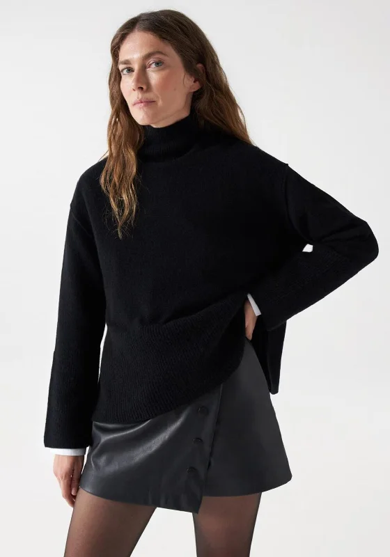 Salsa Wool Cashmere Blend Jumper, Black Notch Collar Peter Pan Collar Cowl Neck