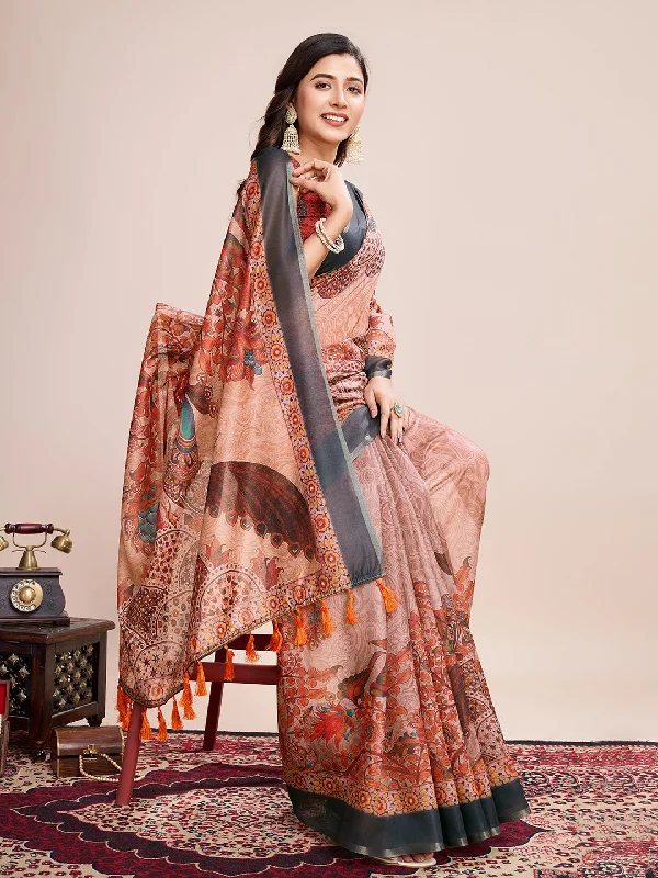 Women Party Wear Flower Printed Semi Linen Saree with Un Stitched Blouse Smart Business Blouse Women Party Wear Flower Printed Semi Linen Saree with Un Stitched Blouse Smart Business Blouse