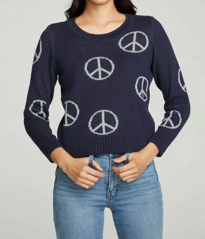 All Over Peace Sweater In Navy Blue Stretchy Elastic Breathable