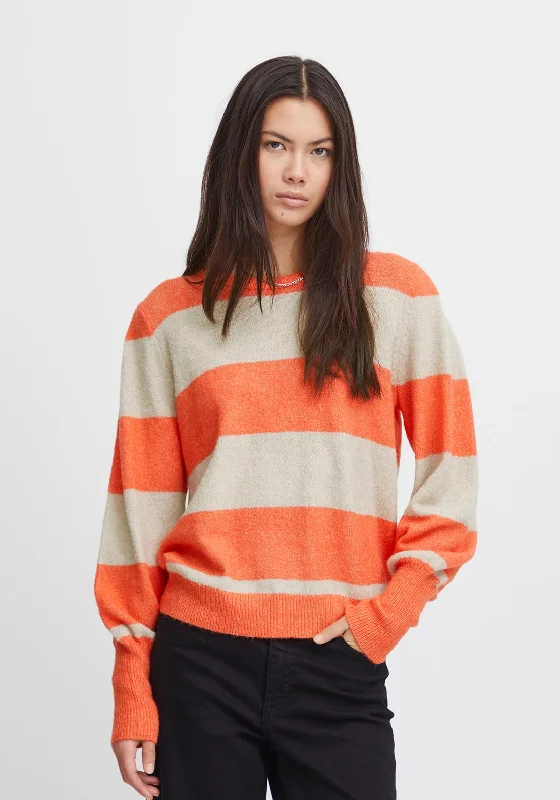 Ichi Dusty Block Stripe Sweater, Hot Coral Slim Fit Regular Fit Oversized
