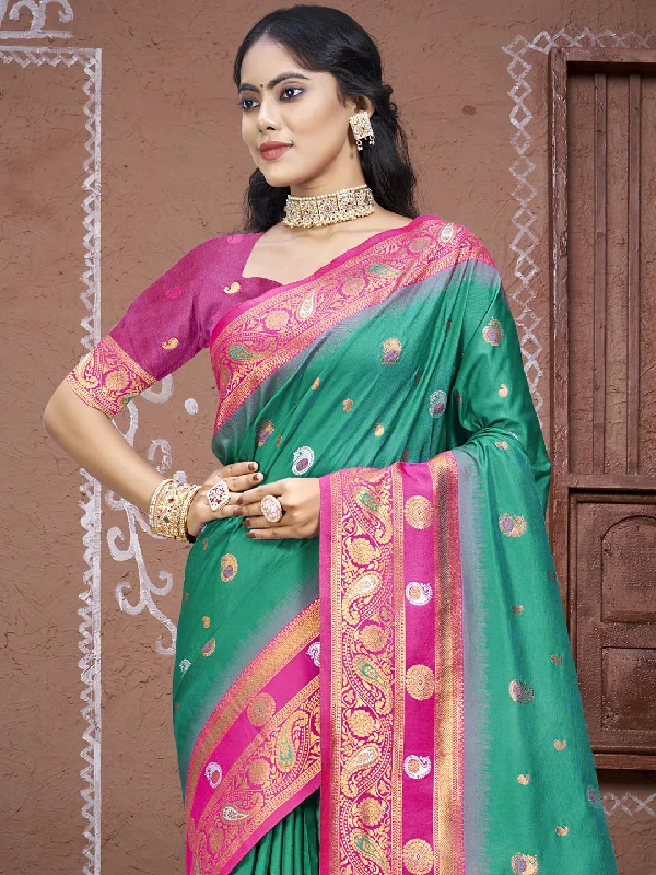 Women Teal Green Silk Saree With Un Stitched Blouse Chic Off-Shoulder Blouse