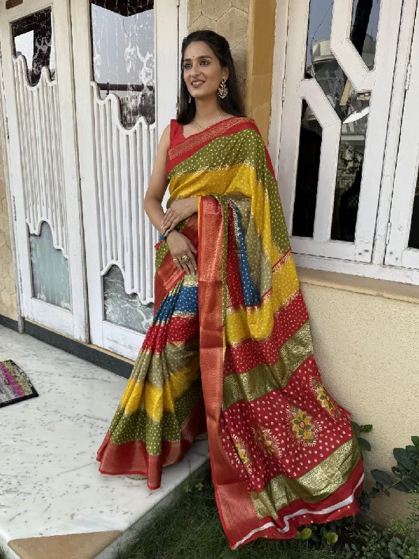 Women Party Wear Bandhej Leheriya Print Dhola Silk Saree with Un Stitched Blouse Classic White Blouse Women Party Wear Bandhej Leheriya Print Dhola Silk Saree with Un Stitched Blouse Classic White Blouse