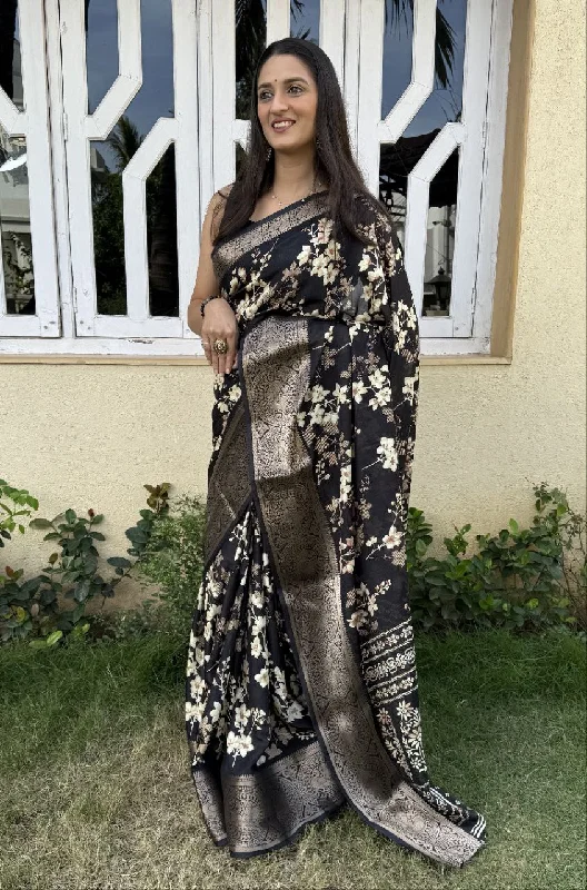 Women Party Wear Flower Printed Dhola Silk Saree with Un Stitched Blouse Classic Minimalist Blouse Women Party Wear Flower Printed Dhola Silk Saree with Un Stitched Blouse Classic Minimalist Blouse