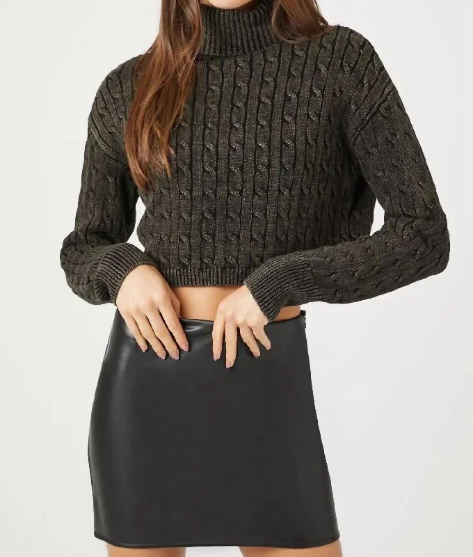 Cable Knit Turtleneck Cropped Sweater In Black Satin Blend Silk Blend Wool Blend