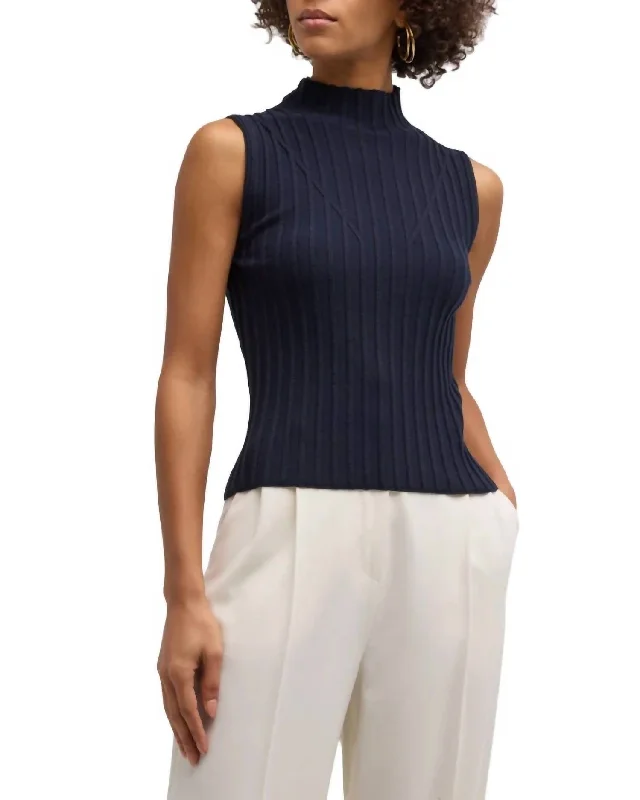 Esma Ribbed Mock Neck Sleeveless Sweater In Navy Elasticated Padded Insulated