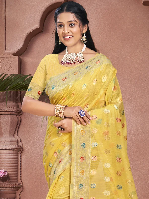 Women Yellow Cotton Saree With Un Stitched Blouse Flowy Bohemian Blouse
