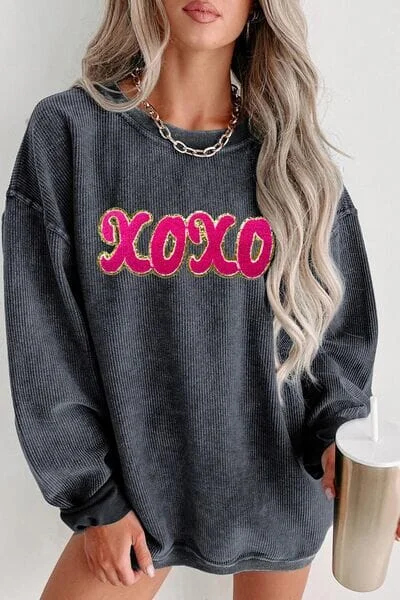 XOXO Sequin Round Neck Dropped Shoulder Sweatshirt Hoodie with Back Slit Movement Comfort XOXO Sequin Round Neck Dropped Shoulder Sweatshirt Hoodie with Back Slit Movement Comfort