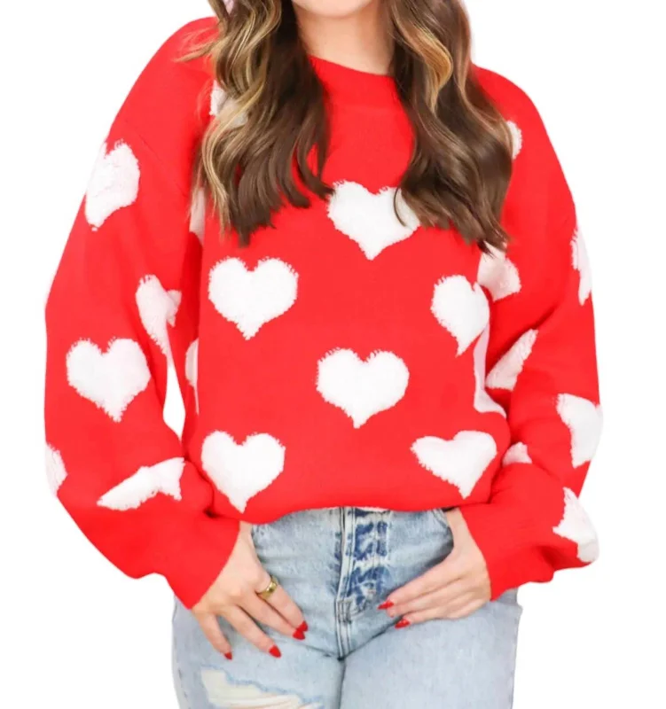Love You More Sweater In Red/white Chenille Brocade Lace