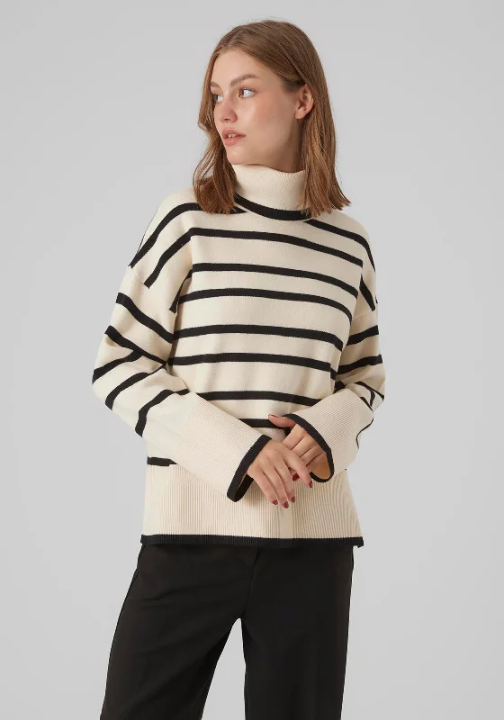 Vero Moda Saba Striped Rollneck Sweater, Birch Zippered Buttoned Snapped